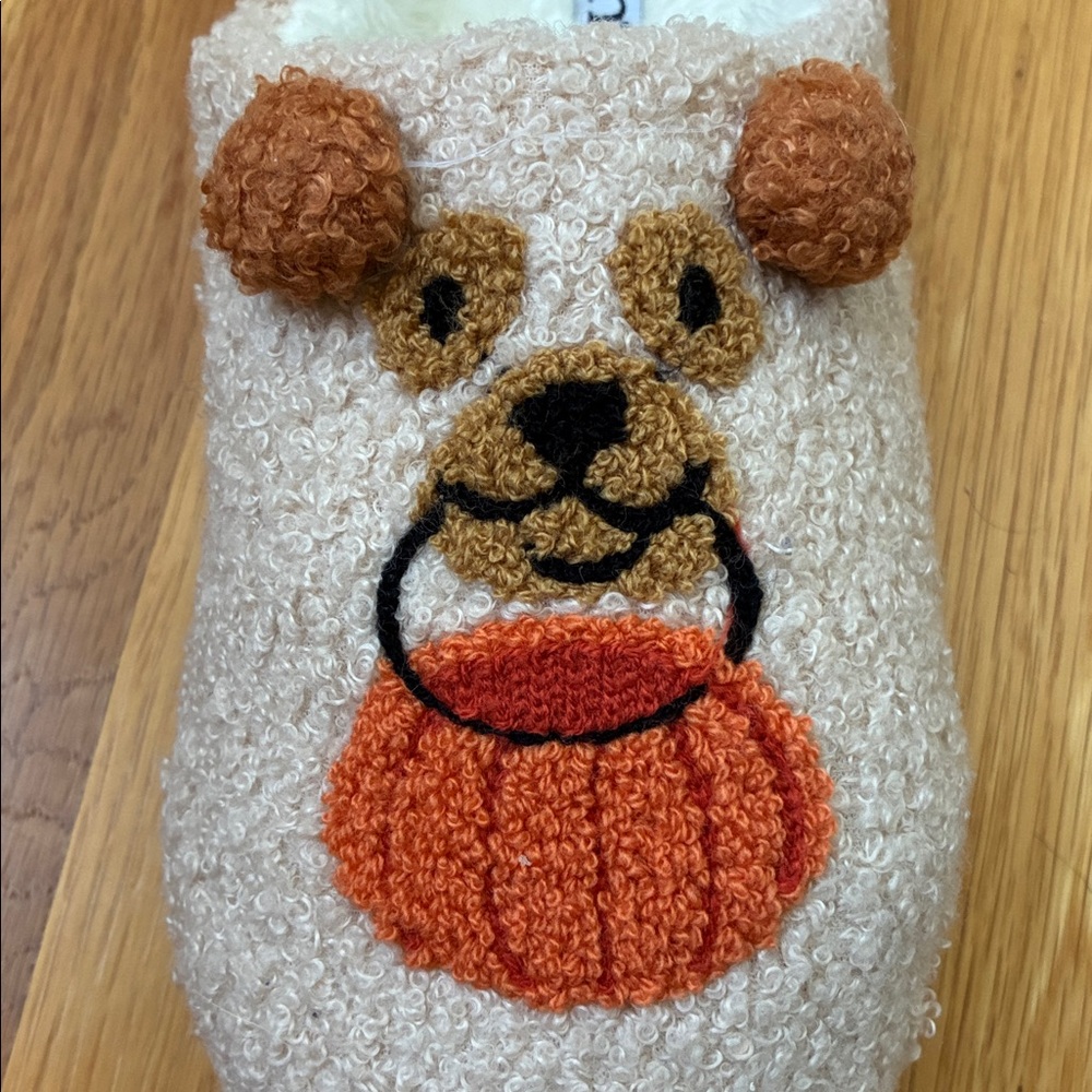 Børn Sherpa-like Slippers Fall Halloween Dog Pumpkin Pattern Beige Cream Size 7 - Picture 3 of 4